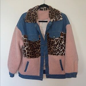 SHEIN Pink and Blue Denim Jacket with Leopard Print